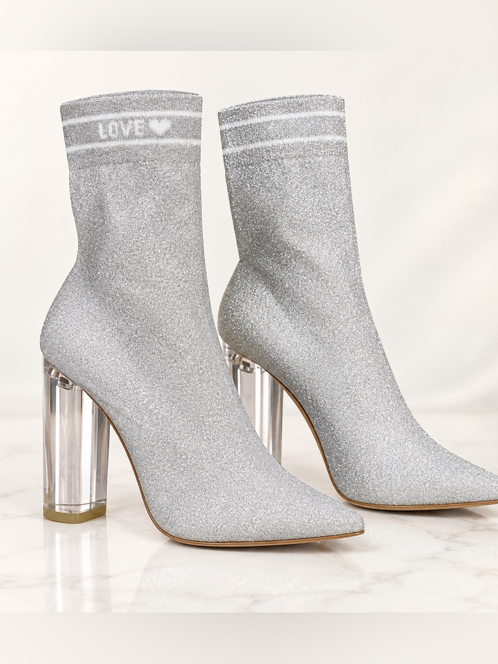 ALDO Lovelyy Silver Glitter Sock Boots Clear Lucite Heel Size 6